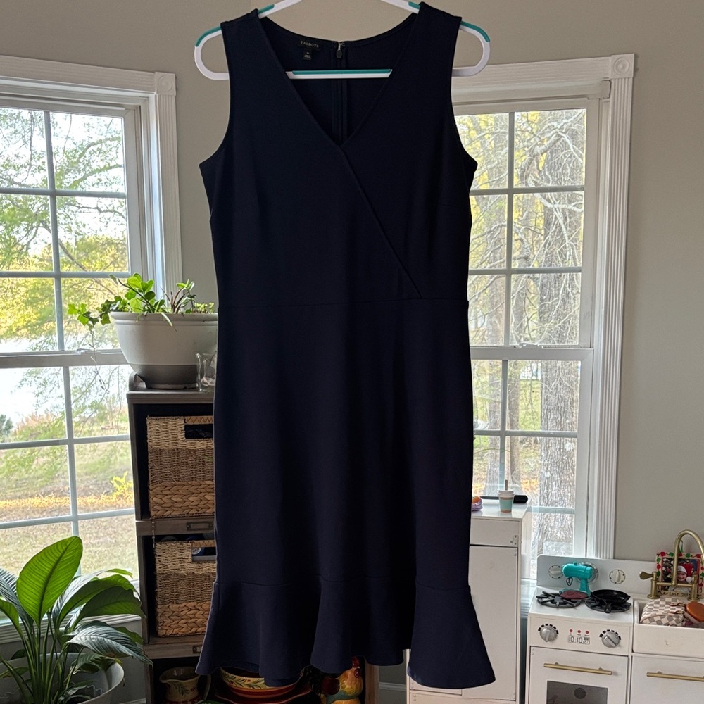Talbots Navy Sleeveless V-Neck Ruffle-Hem Midi Dress
